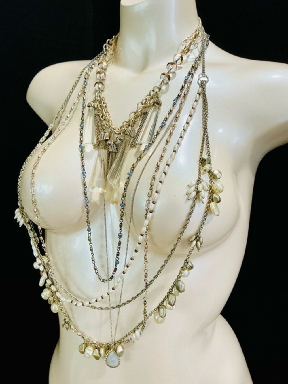Layered Boho Beach Desert Chic Gold-Tone Statement Necklace Bead Charm Accents